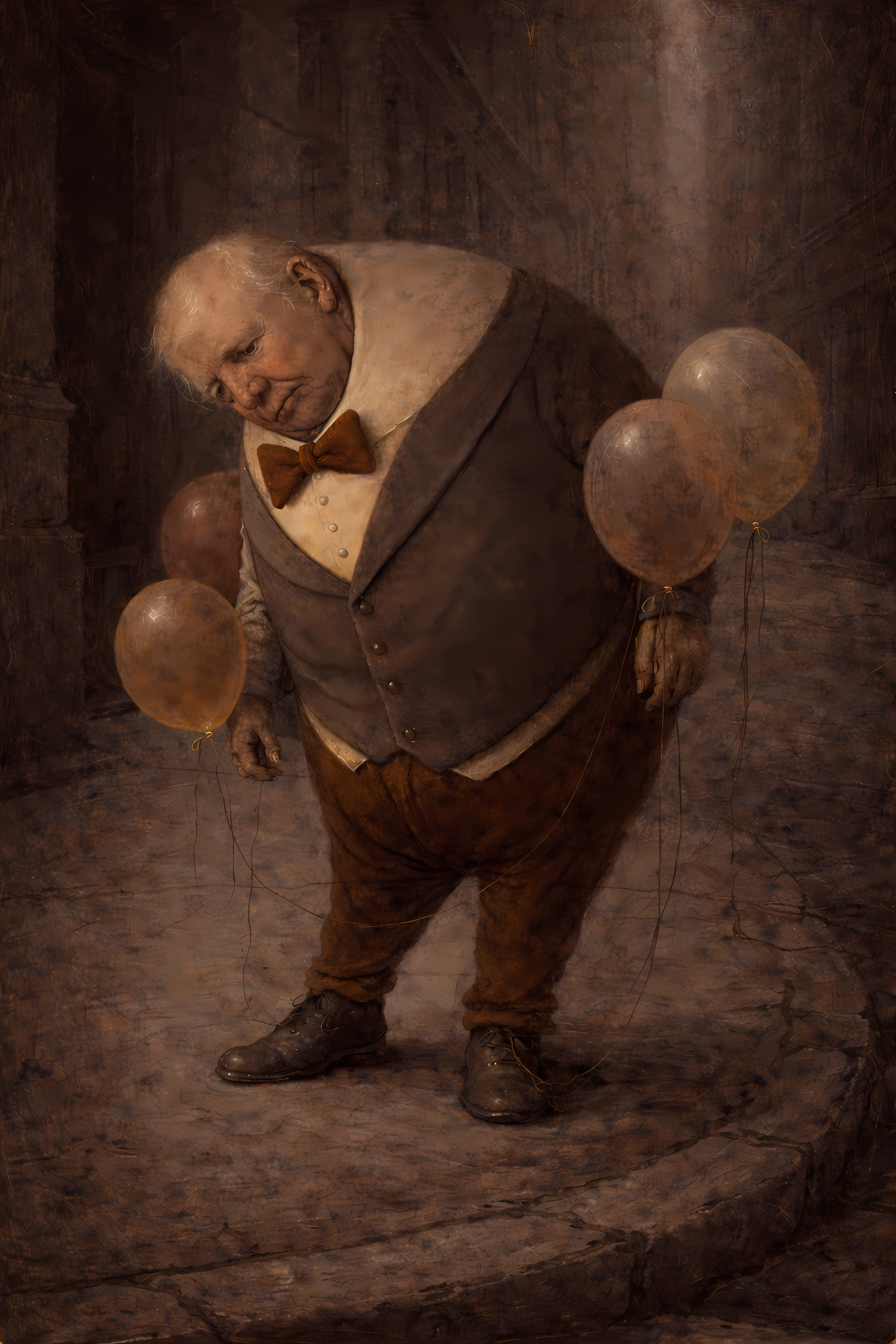 A hunched elderly figure in an oversized brown suit, surrounded by brown balloons in a dim, worn stone corridor.