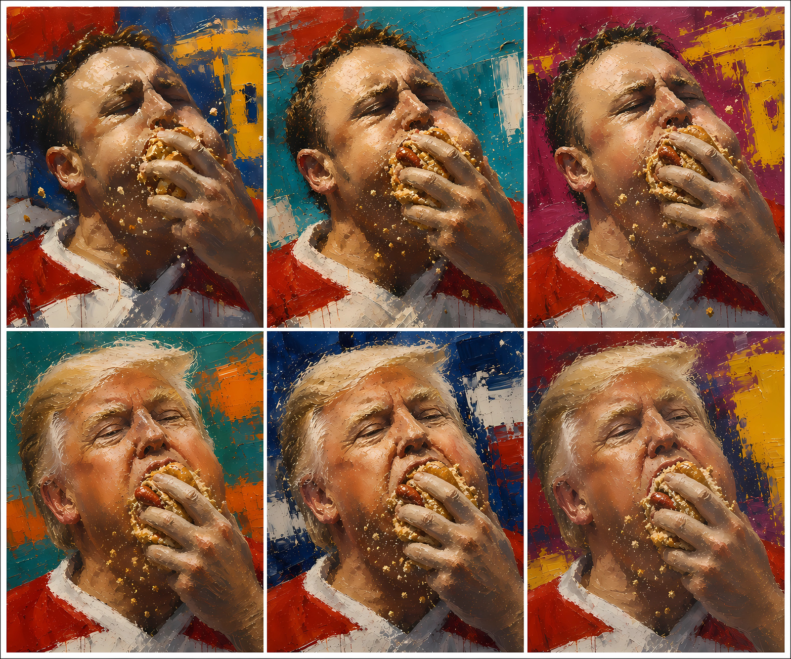 One artwork arranged in six panels: two men eating, repeated across vivid red, blue, yellow and teal painted backgrounds.