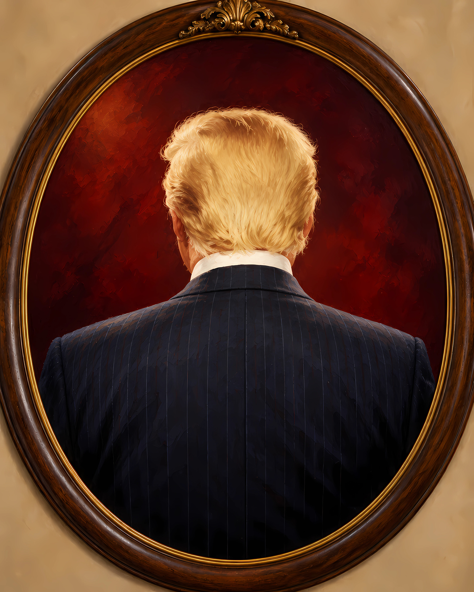 A painted rear view of a blond-haired man in a dark pinstripe suit, on a red ground inside an ornate oval frame.