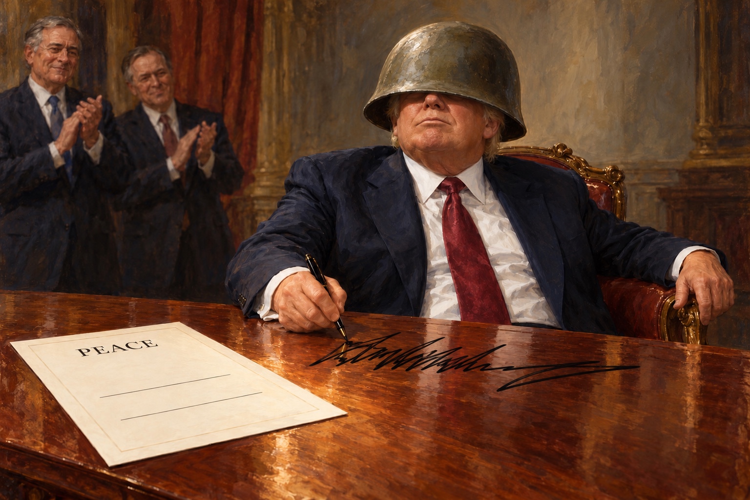 Satirical painting: a helmet covers a seated man's eyes as he signs the wooden table beside an unsigned document marked PEACE, while two men applaud behind him.